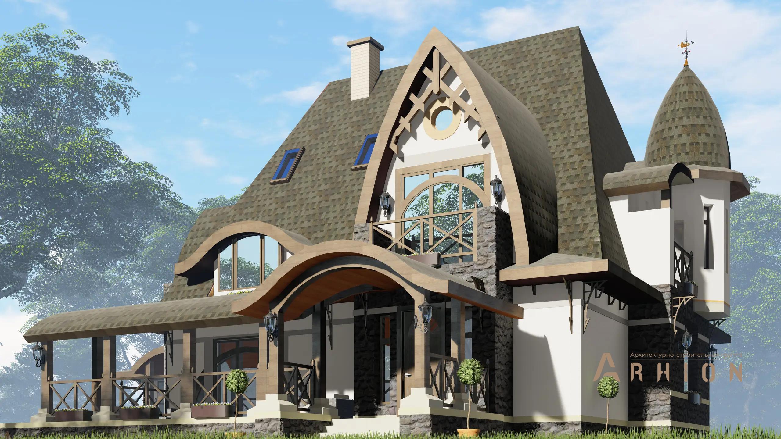 4. Проект двухэтажного дома в стиле модерн с многоскатной кровлей, H-1300, площадью - 301 кв c мансардой, терассой, эркером